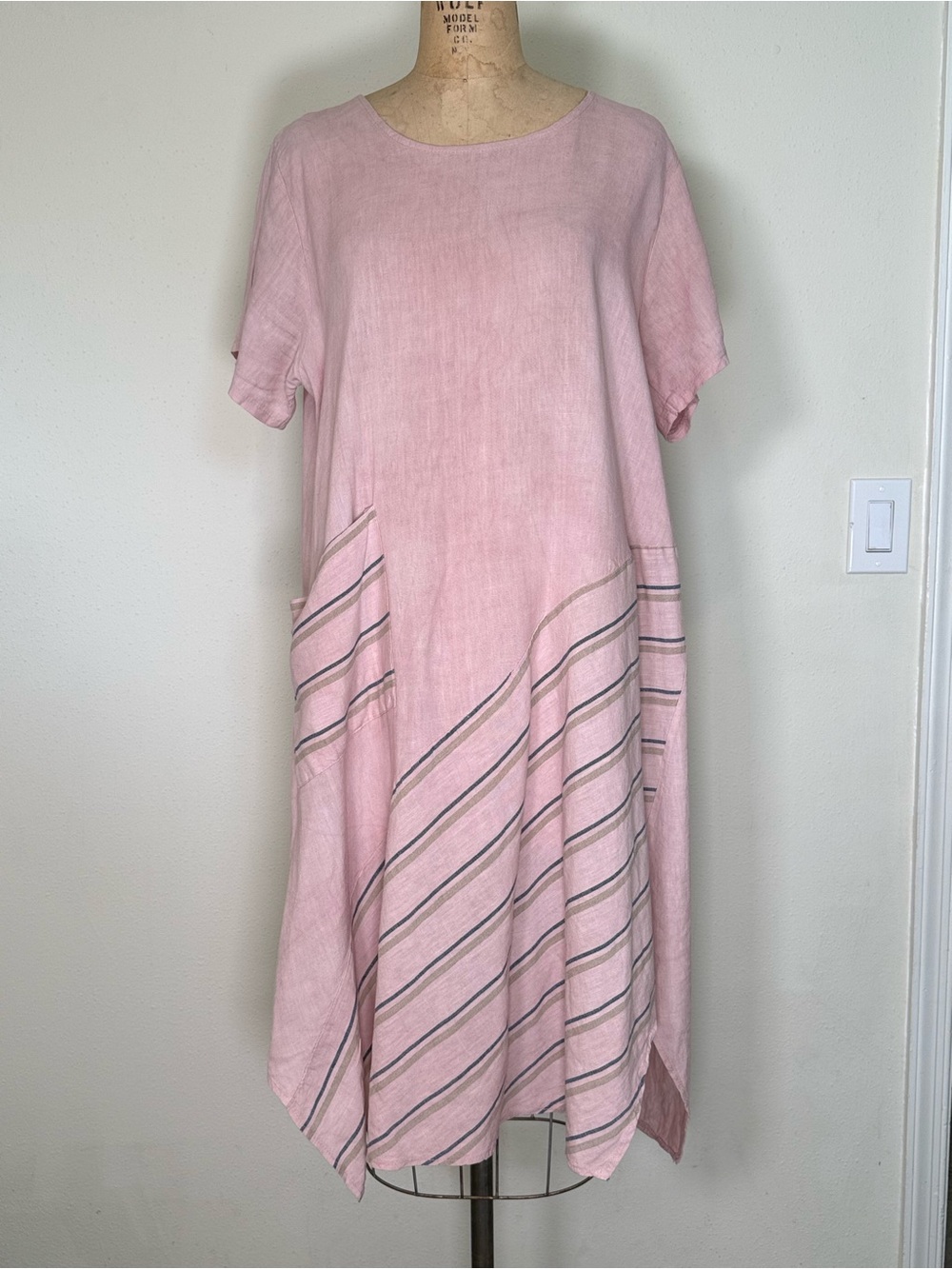 Lagenlook Asymmetrical Striped Linen Dress Pink Short Sleeve Round Neck Size XL
